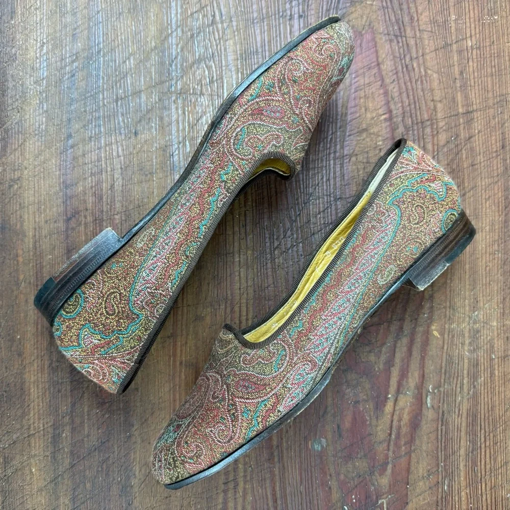 Vintage Ralph Lauren Tapestry Flats Loafers Pink Teal Size 7B